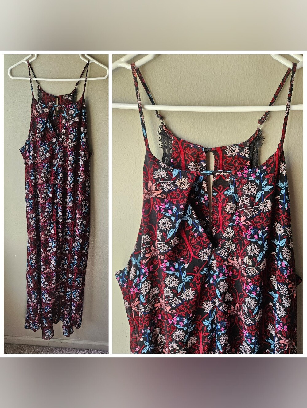 Floral Flowy Maxi Dress - Black With Burgundy, Blue & Pink Flowers LARGE